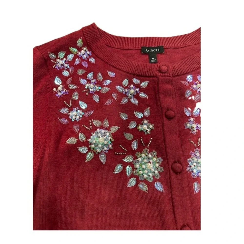 Talbots Womens Embellished Crewneck Cardigan Berry Red Floral Beaded Sweater M - Picture 5 of 6
